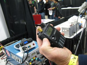 Here's one of Kerry's gadgets - a surplus QualComm microwave diode being used to generate a wideband microwave signal. Intended to be used to detect a microwave signal to verify transmitter operation, it can also transmit a signal for voice communication - in this case, to my 10 GHz transverter system shown in the background. 