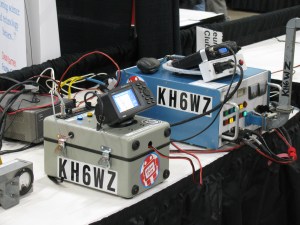 Here are three of my projects. On the far left, is a microwave field strength detector, this is used to demonstrate vertical or horizontal polarization, the KH6WZ unit in the middle is an APRS beacon, transmitting GPS coordinates (this unit generated and transmitted the GPS coordinates used to generate the location on the APRS locator map at the top of this page) and at the far right is my distance record-setting 10 GHz microwave transmitter-receiver system.