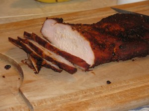 Slicing the turkey pastrami - so juicy it squirts!